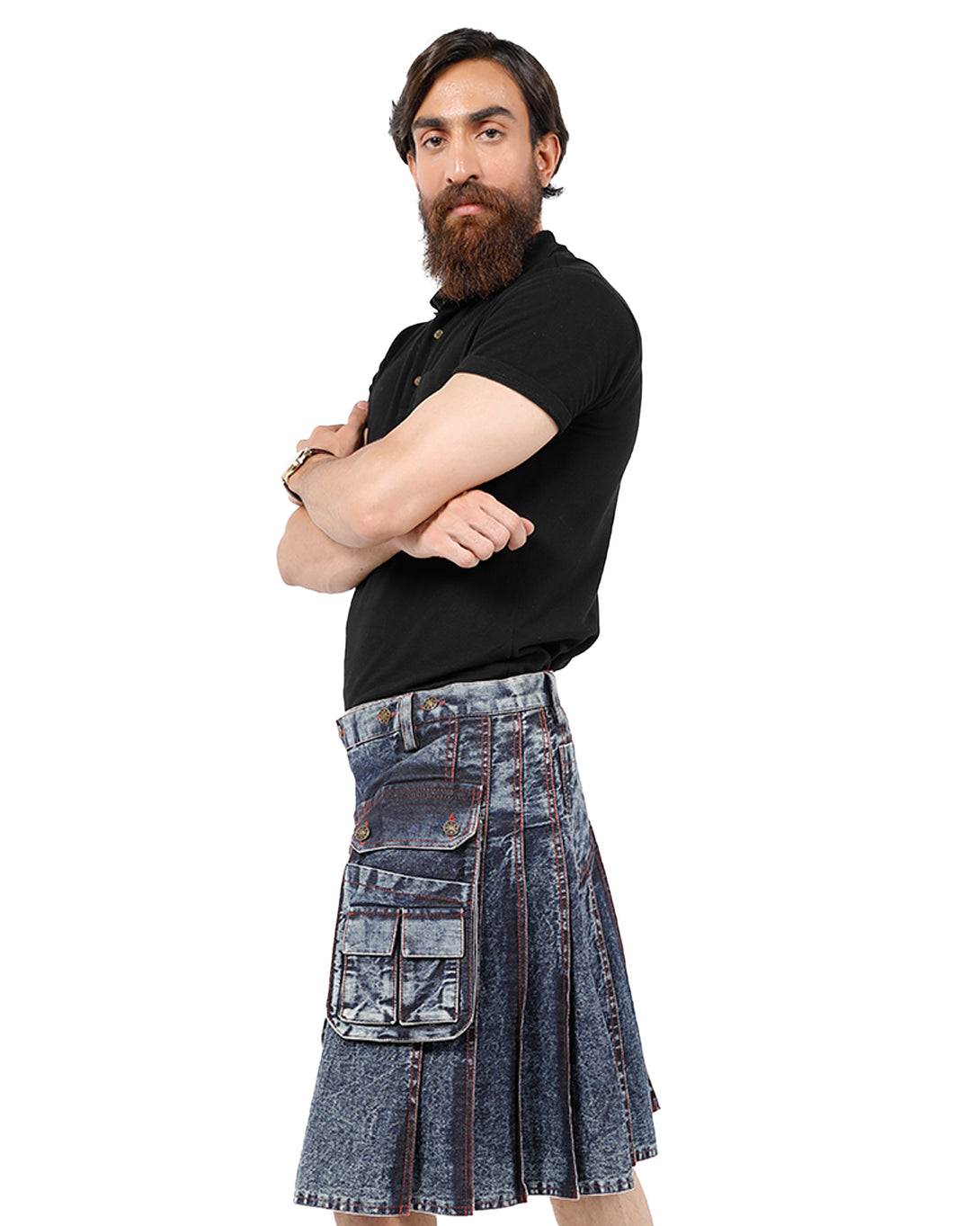 Side View of Voyager's Denim Kilt 
