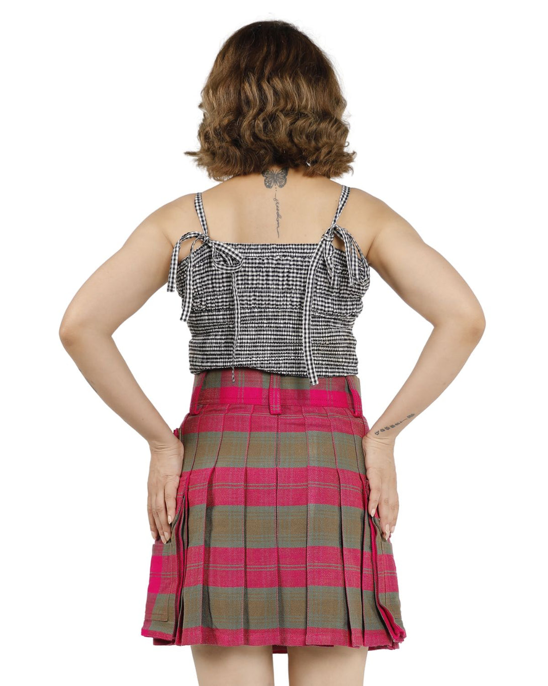 Pleated Plaid Utility Mini Skirt - back view