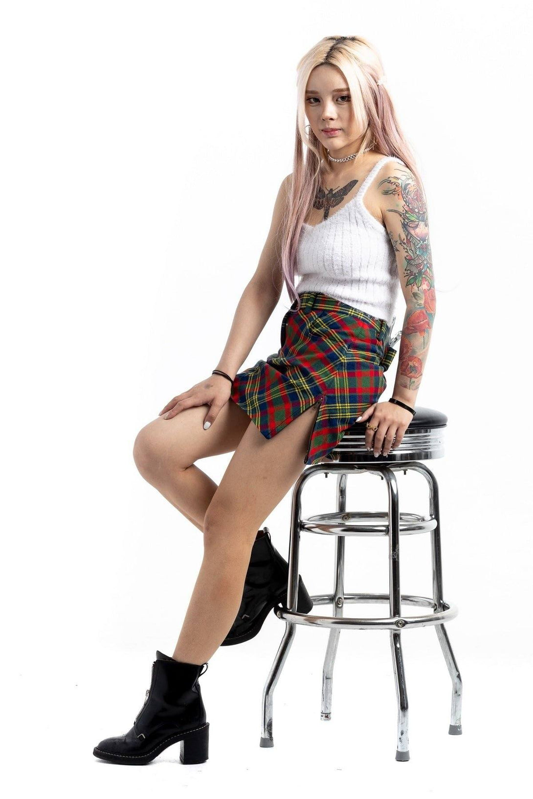 Plaid Mini Skirt -Side Slit View