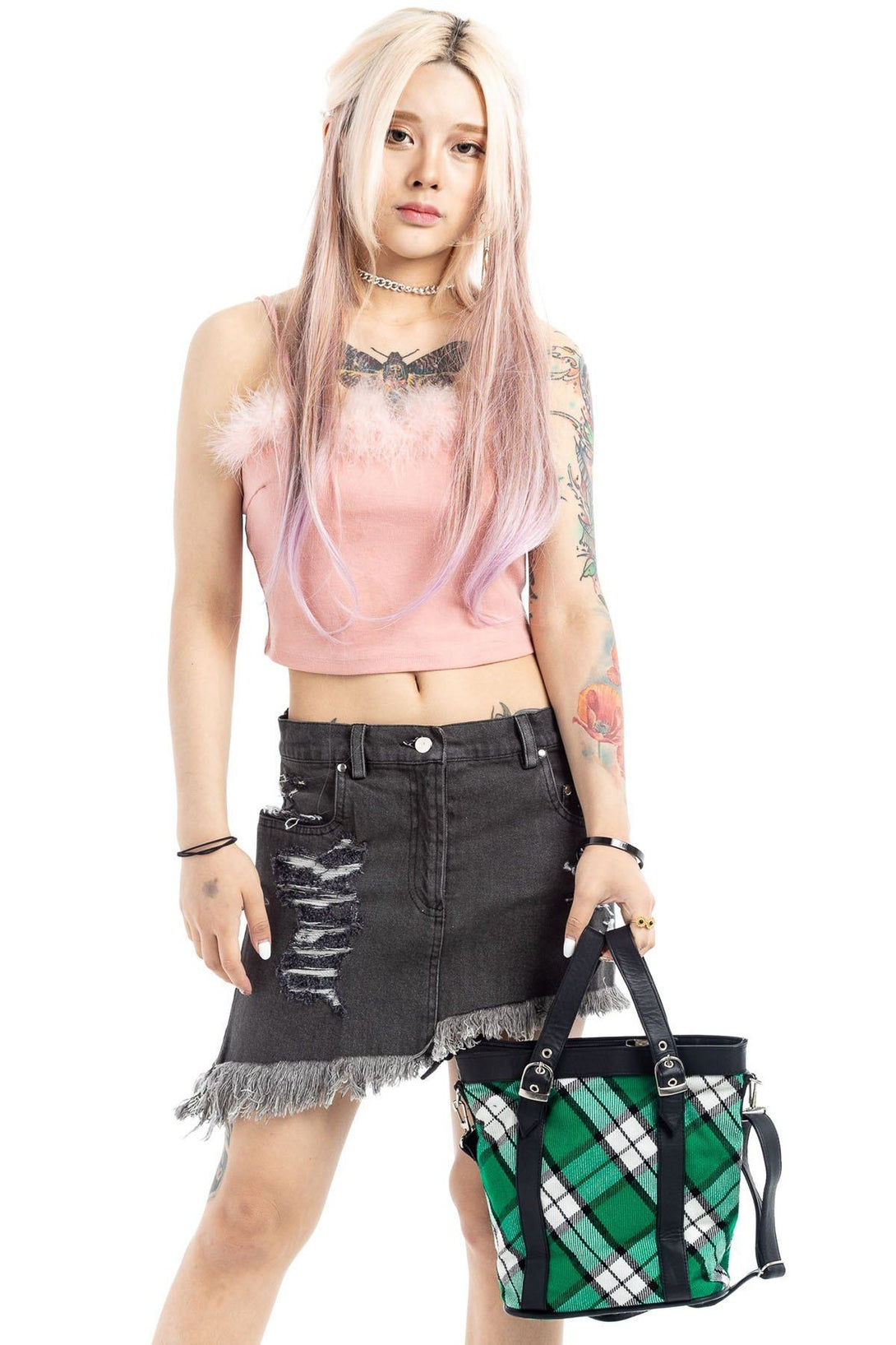 Shoulder Plaid Tote with Leather Straps - front view